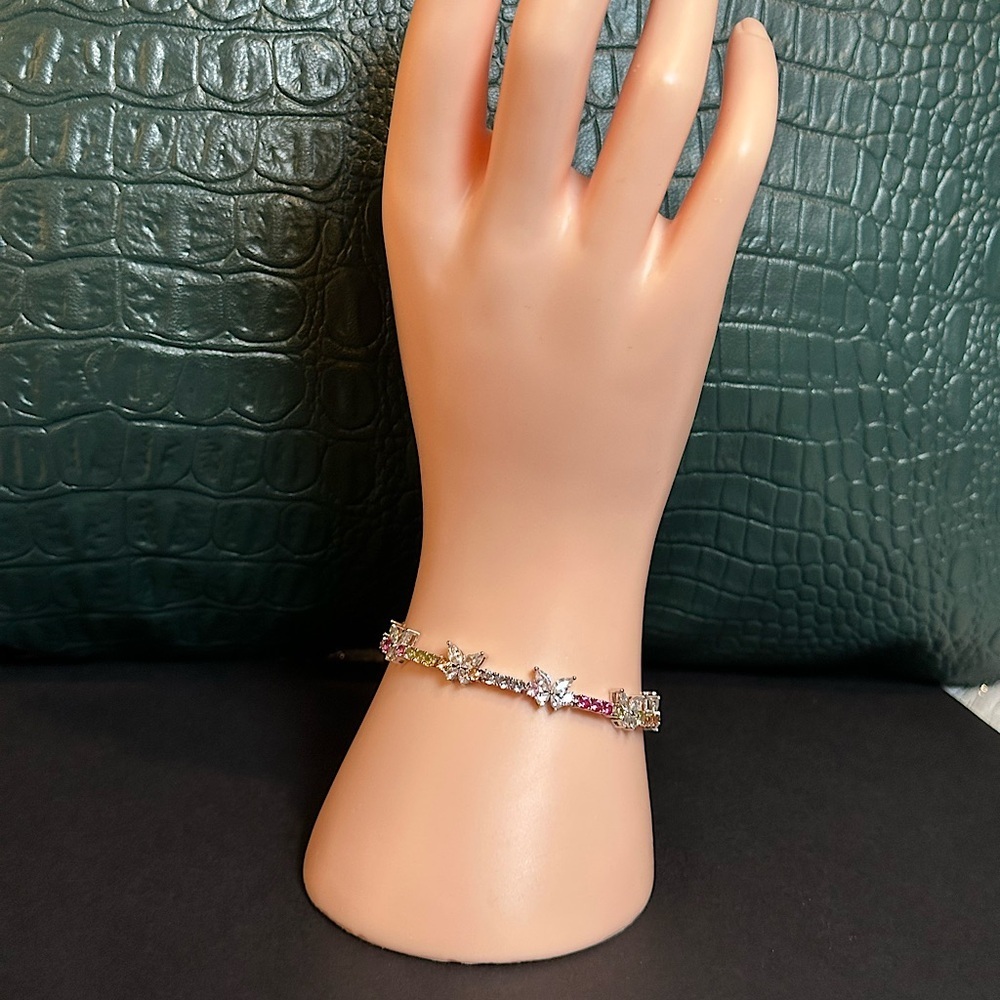 NIB- Platinum Plated Multicolored Crystal Butterfly Tennis Bracelet